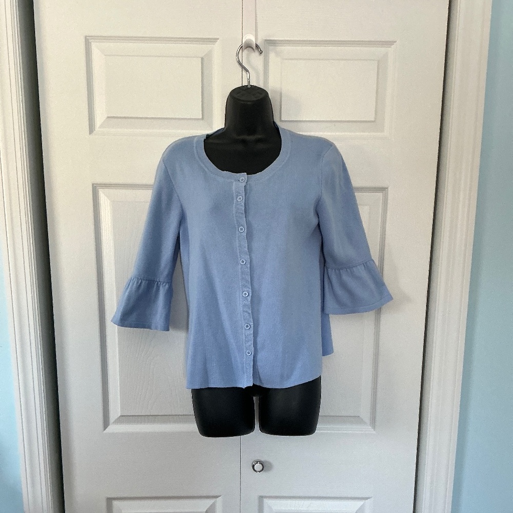 Summer weight periwinkle cardigan with unique sleeves Size small